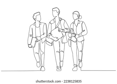 Drawing of young students walking outside campus area. Continuous line art
