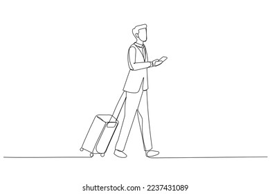 Drawing of young traveler businessman walk outside at international airport with suitcase. Single continuous line art style
