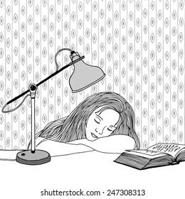 Drawing of a young woman asleep at her desk