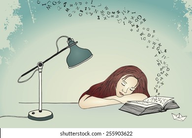 Drawing of a young woman asleep at her desk