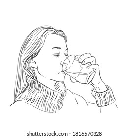 Drawing of young woman drinking clear water. Caucasian female long blond hair wearing warm sweater with collar, holding transparent glass in hand. Vector sketch Hand drawn linear illustration isolated