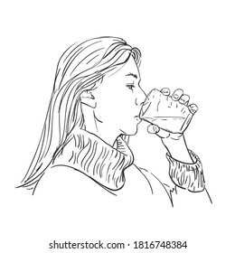 Drawing of young woman drinking clear water. Caucasian female long blond hair wearing warm sweater with collar, holding transparent glass in hand. Vector sketch Hand drawn linear illustration isolated