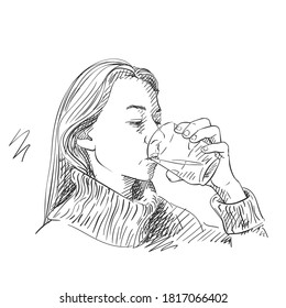 Drawing of young woman drinking clear water. Caucasian female with long blond hair wearing warm sweater with collar, holding transparent glass in hand. Vector sketch Hand drawn illustration isolated