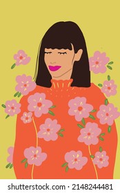 Drawing of a young woman with floral motif on bright background. Beauty art concept. Vector illustration