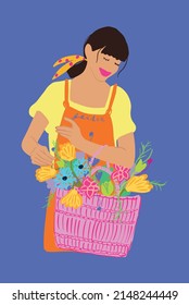 Drawing of a young woman florist in apron taking care of flowers isolated on background. Vector illustration