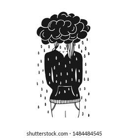 Drawing young woman having her head in a black rainy cloud. Conceptual illustration of upset, bad feelings and frustration. Depression idea.