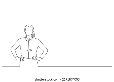 Drawing of young woman standing with hands on waist. Outline drawing style art
