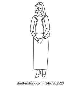 Drawing of a young woman in a strict business style. Teacher, flight attendant, bank employee, sales assistant, civil servant. Black and white illustration. Vector cartoon character.
