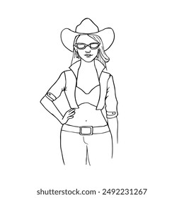 drawing of a young woman wearing a cowboy hat, sunglasses, low-rise jeans and a crop top - hand drawn outline drawing