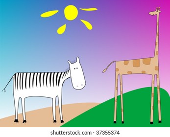 drawing of a zebra and giraffe, vector art illustration, more drawings in my gallery