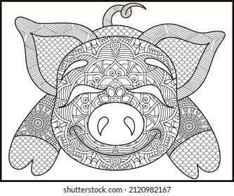 Drawing zentangle pig for coloring book for adult,
Pig mandala coloring page.