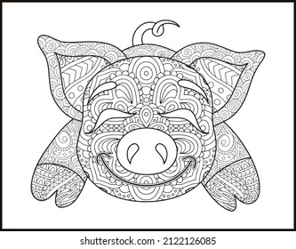 Drawing zentangle pig for coloring book for adult,
Pig mandala coloring page.