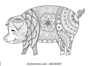 Drawing zentangle pig for coloring book for adult or other decorations