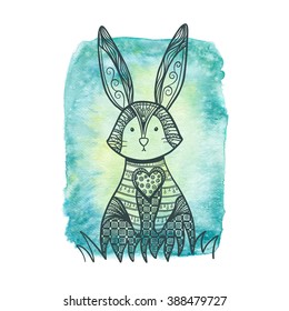 Drawing zentangle rabbit on a watercolor background. Decorative Rabbit, Easter Bunny