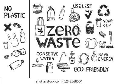 Drawing zero waste and ecological objects and elements. Eco friendly sketch of icons, symbols and signs.