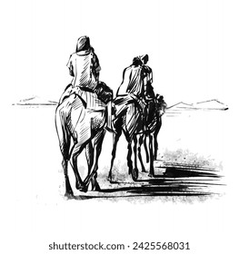 Drawingcamel caravan in the desert Sahara