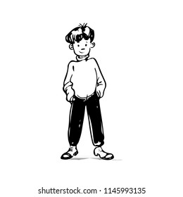 Drawing-coloring, boy hands in a pocket, character on a white background, vector
