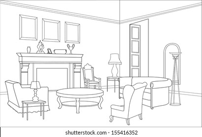 Drawing-room. Editable vector illustration of an outline sketch of a interior. Graphical hand drawing interior. 