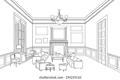 Drawing-room. Editable vector illustration of an outline sketch of an interior. Furniture blueprint. 