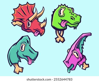 Dibujos de 4 coloridos dinosaurios, perfectos para pegatinas, estampados y camisetas. Los dinosaurios son de color rojo, verde, púrpura y azul. Divertidas ilustraciones