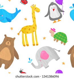 Drawings of animals for children. Vector seamless background of different animals, drawing in kid's style. Whale, giraffe, penguin, turtle, bear, ladybug.