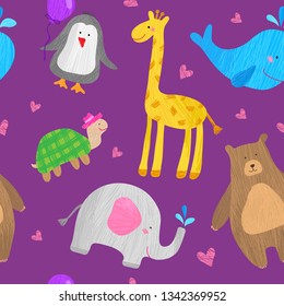 Drawings of animals for children. Vector seamless background of different animals, drawing in kid's style. Whale, giraffe, penguin, turtle, bear.