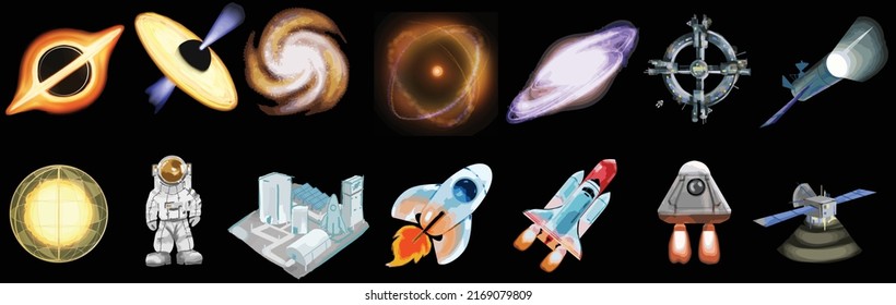 Drawings of astronomy, the universe, and space travel spaceship,2d illustration