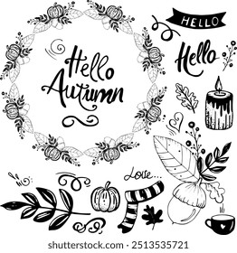 Drawings with black ink pen on a white background on the theme of autumn. Autumn wreath, scarf, coffee, twigs, doodles with black pen. Outline drawings