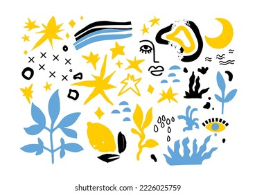 Drawings of botany and blooming flowers and leaves, foliage and face of woman. Stars and lemon, drops and crosses, circles and dots. Abstract artworks ornaments. Vector in flat style illustration