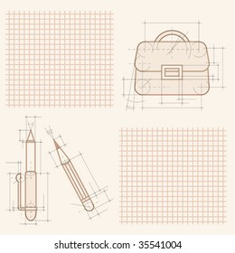 drawings of briefcase, pen and pencil on notebook sheet