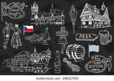 drawings by hand on a black background on the topic of Bavaria and the Czech Republic