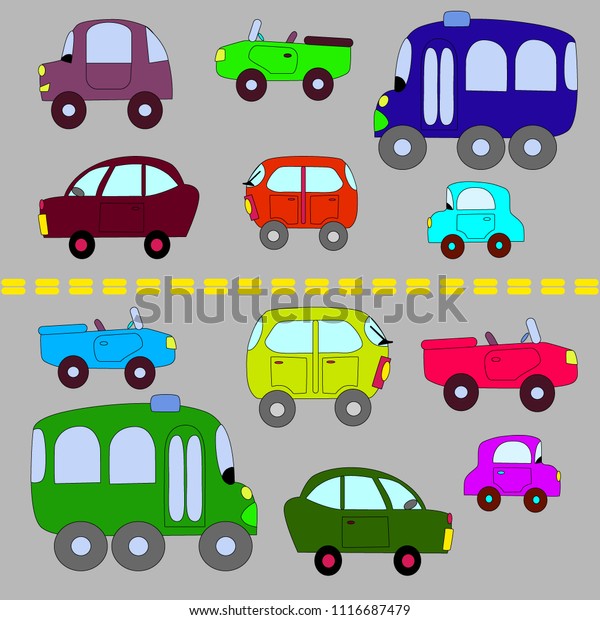 Drawings of cars for children, cartoon car,\
seamless texture, a\
vector