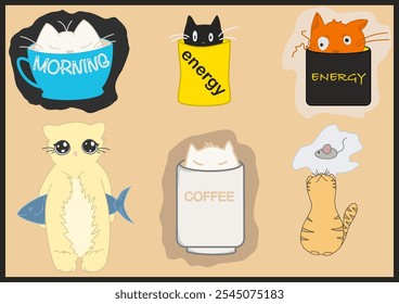 drawings of cats with coffee and fish for breakfast, a selection of stickers