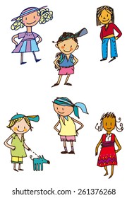 Drawings of children, isolated from the background, in different postures, informally drawn, and different cultures. 
