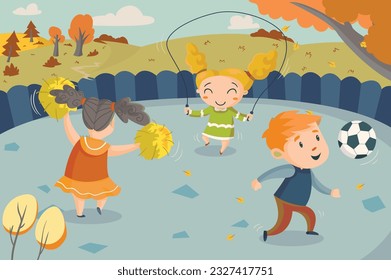Drawings of children playing games when schools open in the fall school illustrations, cheerful kids, kids character designs, garden playground school fence girl child boy student kindergarten joy 
