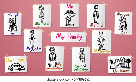 Drawings in the children's room. Family and pets. Portrait of parents, the child made. Vector illustration.