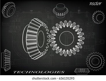 Drawings of cogwheels on a black background