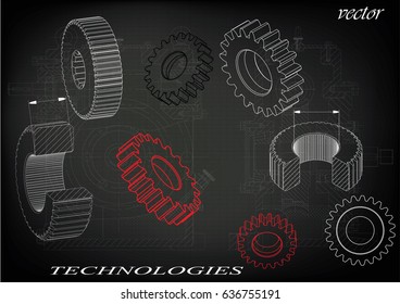 Drawings of cogwheels on a black background