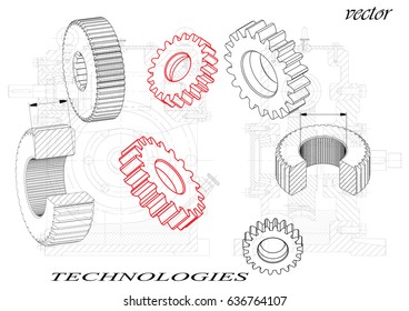 Drawings of cogwheels on a black background