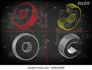 Drawings of cogwheels on a black background