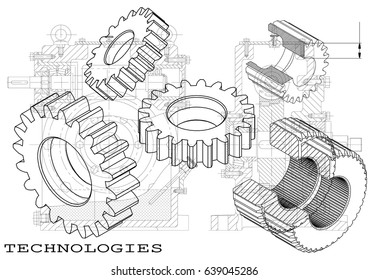 Drawings of cogwheels on a black background
