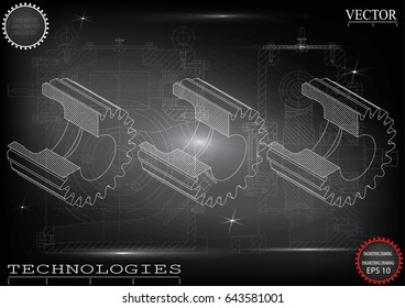Drawings of cogwheels on a black background