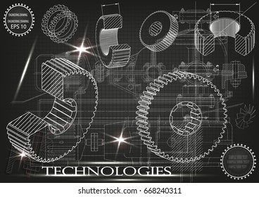Drawings of cogwheels on a black background