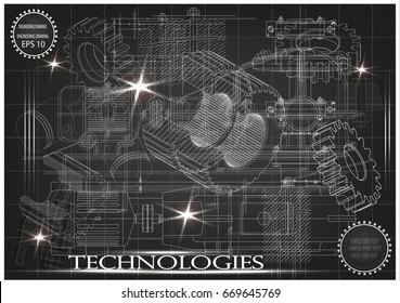 Drawings of cogwheels on a black background