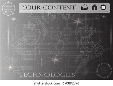 Drawings of cogwheels on a black background
