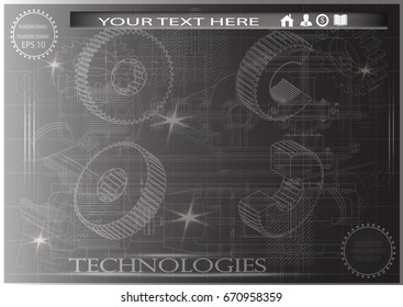 Drawings of cogwheels on a black background