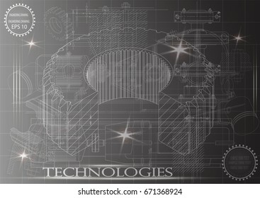 Drawings of cogwheels on a black background