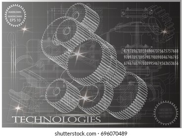 Drawings of cogwheels on a black background