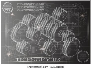 Drawings of cogwheels on a black background