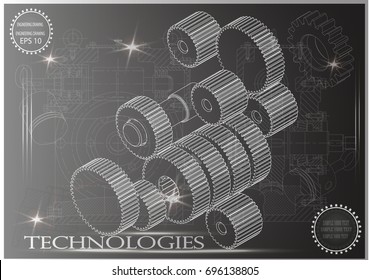Drawings of cogwheels on a black background